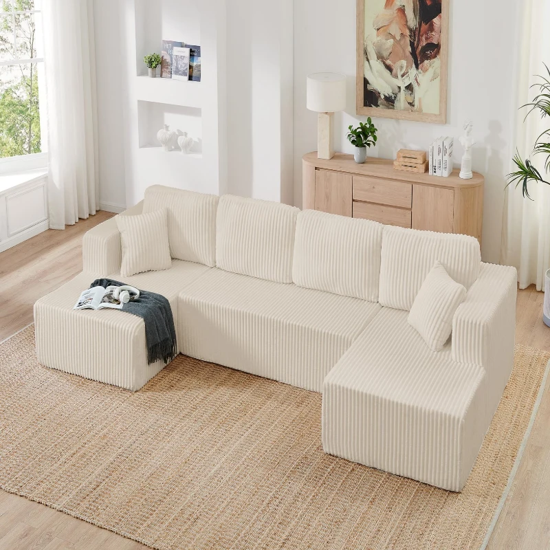 Flexible U-Shaped Modular Sectional Sofa with Spring Cushions, Modern Sleeper Couch for Living Room Bedroom, 132.5'' L x 61"W x 25.5" H, Beige