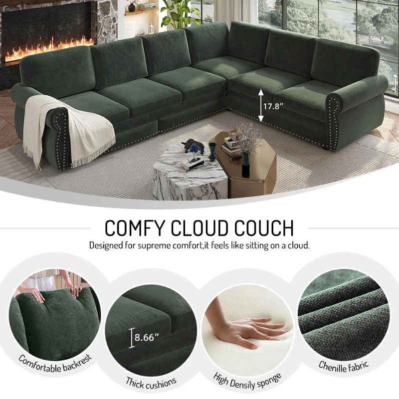 Chic L-Shaped Sectional with Pull-Out Bed and Nailhead Trim, Versatile Chenille Sleeper Sofa for Living Room, 118'' L x 86.5" W x 36.5" H, Green