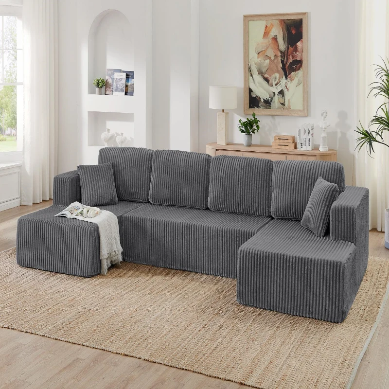 Modern U-Shaped Modular Sectional Sofa with Spring Cushions, Comfy Sleeper Couch for Living Room Bedroom, 132.5'' L x 61"W x 25.5" H, Grey