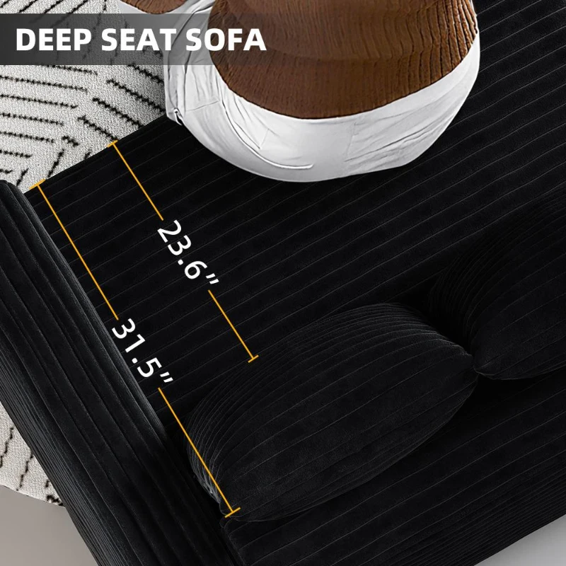 Cozy Corduroy Cloud 4-Seat Sofa with 3 Ottomans, Handy Convertible Lounge Chair for Apartment Office, 102.5'' L x 35.5"W x 25.5" H, Black
