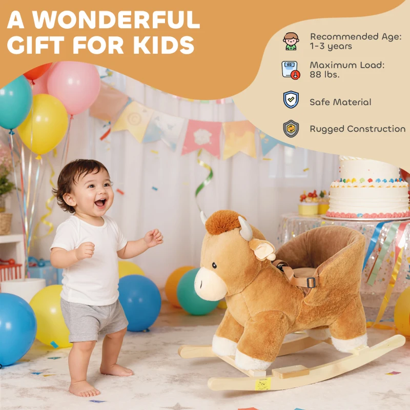Qaba Baby Rocking Horse with Cute Cow Stuffed Plush, Music, Safety Belt, Wooden Rocking Horse for 1-3 Years, Brown