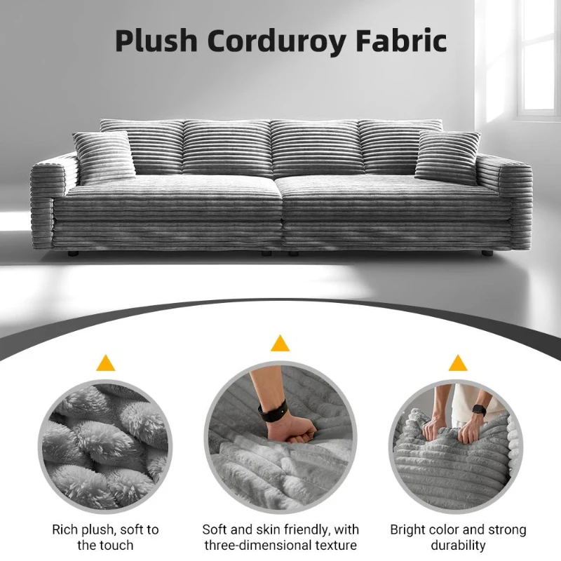 Plush Corduroy Cloud 4-Seat Sofa with 3 Ottomans, Comfy Convertible Lounge Chair for Apartment Office, 102.5'' L x 35.5"W x 25.5" H, Grey