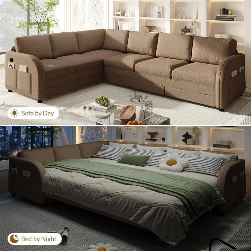 Modern L-Shaped Sectional with Pull-Out Bed, Chic Sleeper Couch with USB Port and Side Pocket, 115'' L x 83.5" W x 36.5" H, Brown