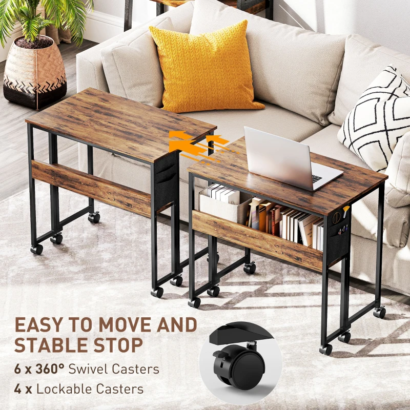 HOMCOM Folding Computer Desk, Foldable Desk with Storage Bag, Shelf and Wheels for Small Spaces, Home Office, Rustic Brown