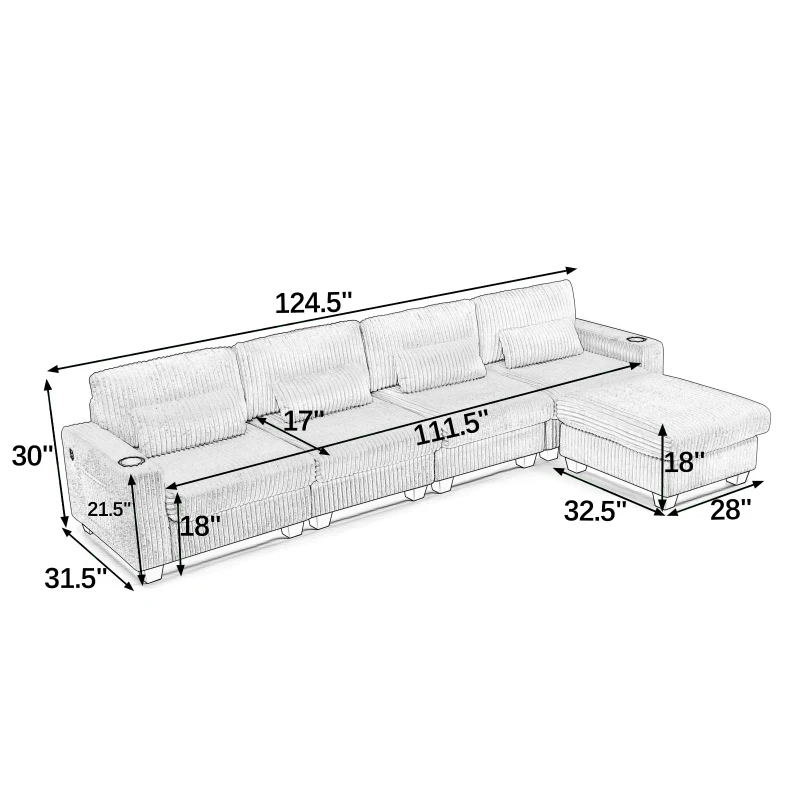 Cozy L-Shaped Sectional with Detachable Ottoman, Versatile Modular Sofa with Storage Pockets and Cup Holders, 124.5'' L x 31.5" W x 30" H, Beige