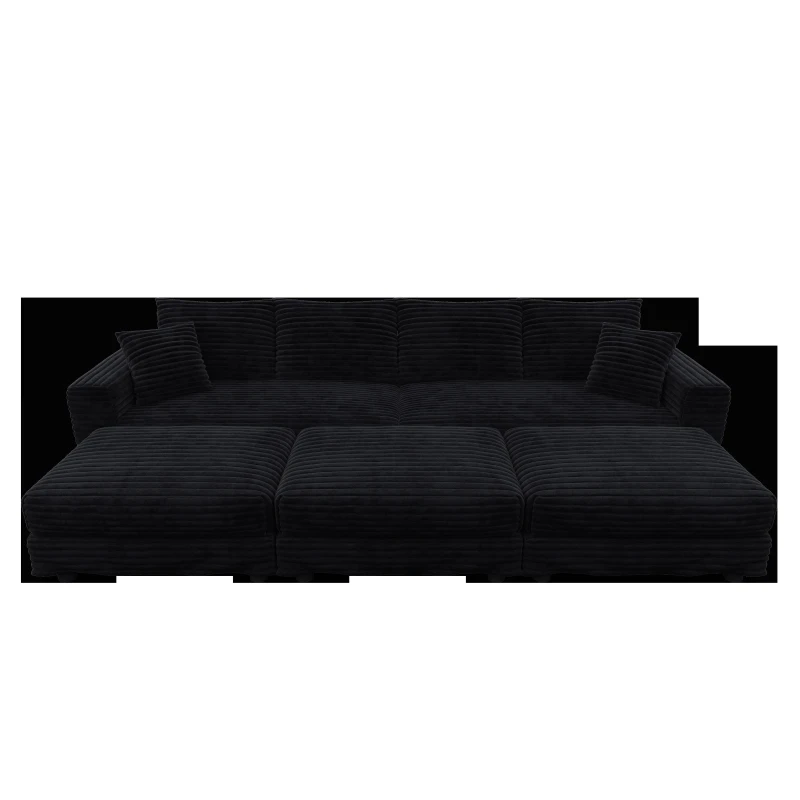Cozy Corduroy Cloud 4-Seat Sofa with 3 Ottomans, Handy Convertible Lounge Chair for Apartment Office, 102.5'' L x 35.5"W x 25.5" H, Black