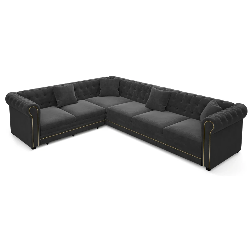 Elegant L-Shaped Sectional with Pull-Out Bed, Soft Velvet Sleeper Sofa with Tufting and Gold Trim, 115.5'' L x 87.5" W x 29" H, Dark Gray