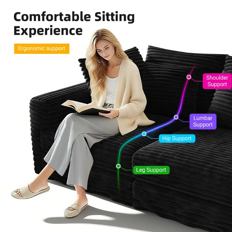 Snug Corduroy Cloud 4-Seat Sofa with Deep Seat, Effortless Convertible Lounge Chair for Apartment Office, 102.5'' L x 35.5"W x 25.5" H, Black