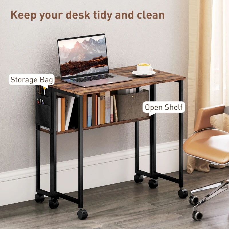 HOMCOM Folding Computer Desk, Foldable Desk with Storage Bag, Shelf and Wheels for Small Spaces, Home Office, Rustic Brown