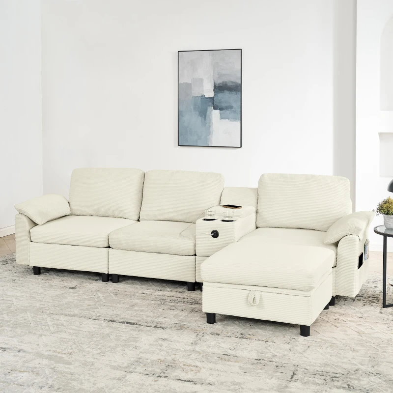 Modern Modular Sectional with All-in-One Storage, Chic L-Shaped Sofa with Cup Holder and Liftable Ottoman, 108.5'' L x 56.5" W x 32" H, Beige