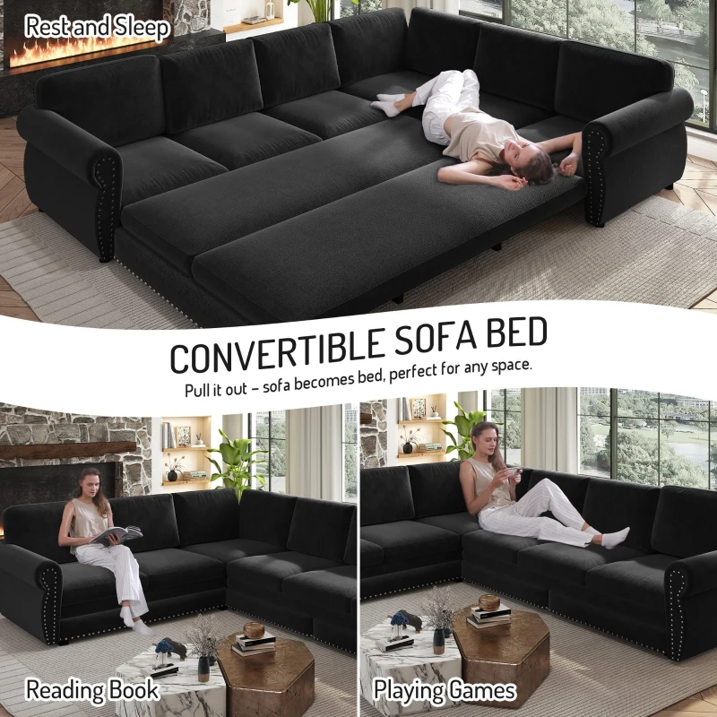Modern L-Shaped Sectional with Pull-Out Bed, Chic Sleeper Couch with Nailhead Trim and Rolled Arms, 118'' L x 86.5" W x 36.5" H, Black