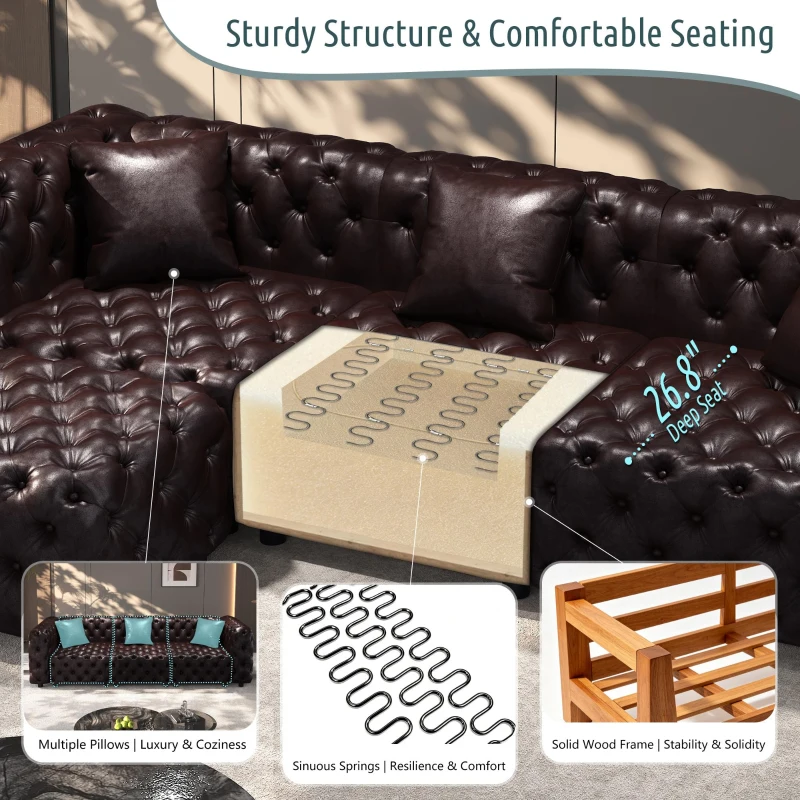 Classic Faux Leather Sectional Sofa with Button Tufting, Flexible Modular 3-Seater Couch for Living Room, 105.5'' L x 36.5"W x 29" H, Dark Brown