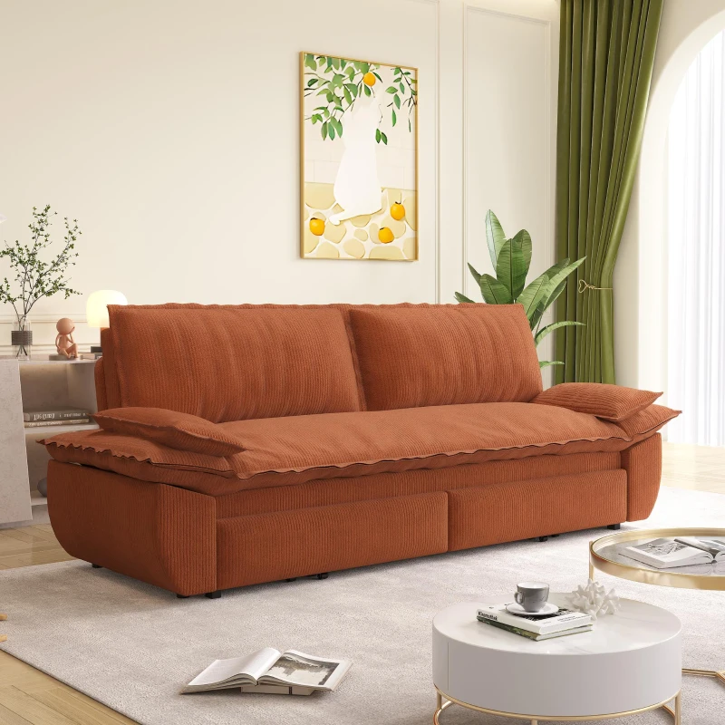 Modern 3-in-1 Sleeper Sofa with Soft Corduroy Upholstery, Versatile Loveseat Bed for Living Room and Bedroom, 73'' L x 33" W x 36" H, Orange