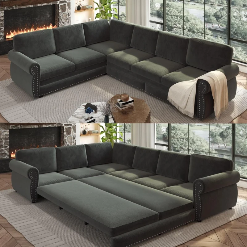 Modern L-Shaped Sectional with Pull-Out Bed, Chic Sleeper Couch with Nailhead Trim and Rolled Arms, 118'' L x 86.5" W x 36.5" H, Dark Grey