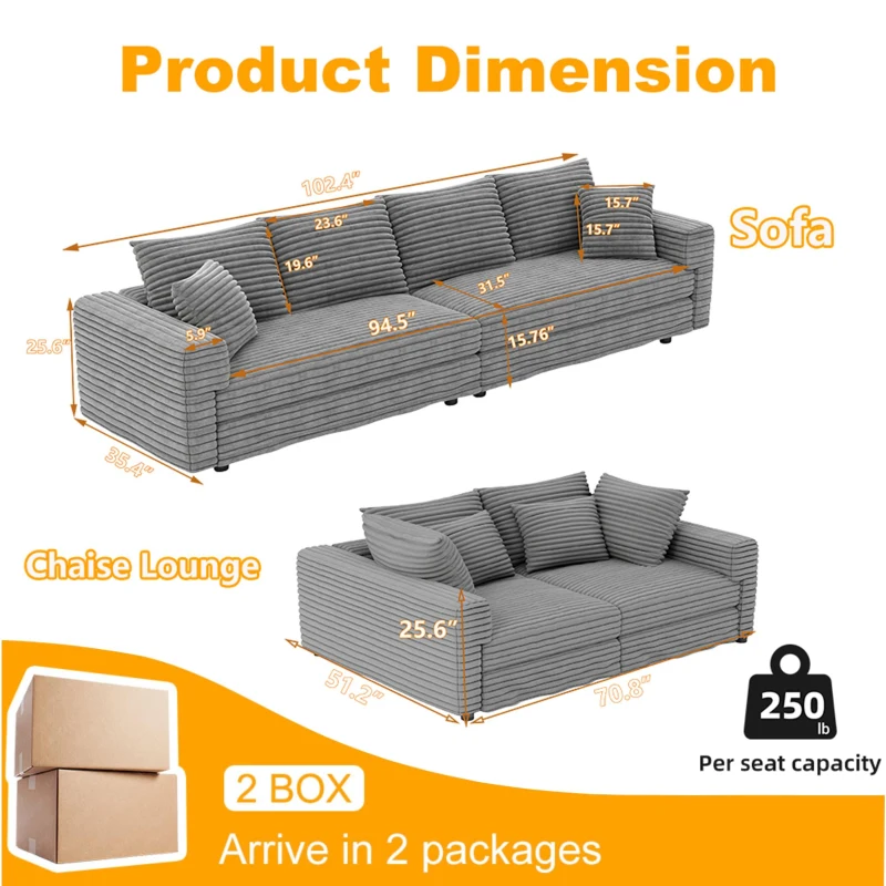 Fluffy Corduroy 4-Seat Sofa with Deep Seat, Space-Saving Convertible Lounge Chair for Apartment Office, 102.5'' L x 35.5"W x 25.5" H, Grey