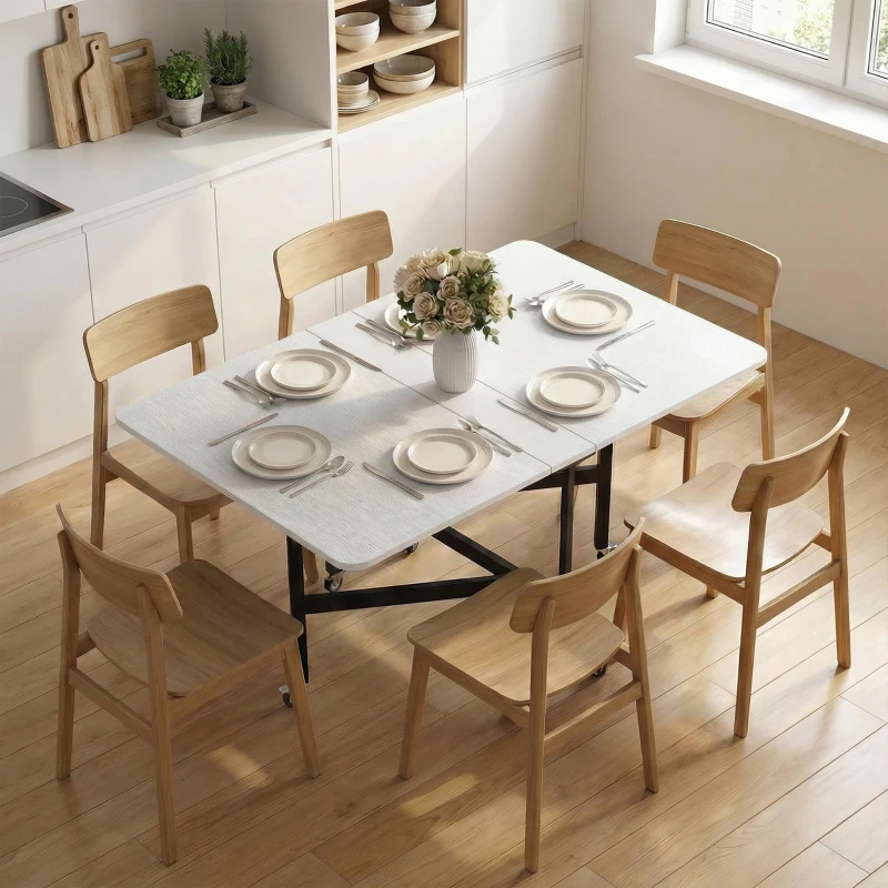 HOMCOM Drop-Leaf Table for Small Spaces, Extendable Kitchen Table with 6 Smooth Wheels & Brakes, Space-Saving Design, White