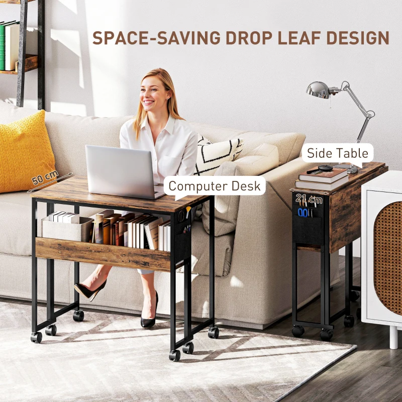 HOMCOM Folding Computer Desk, Foldable Desk with Storage Bag, Shelf and Wheels for Small Spaces, Home Office, Rustic Brown
