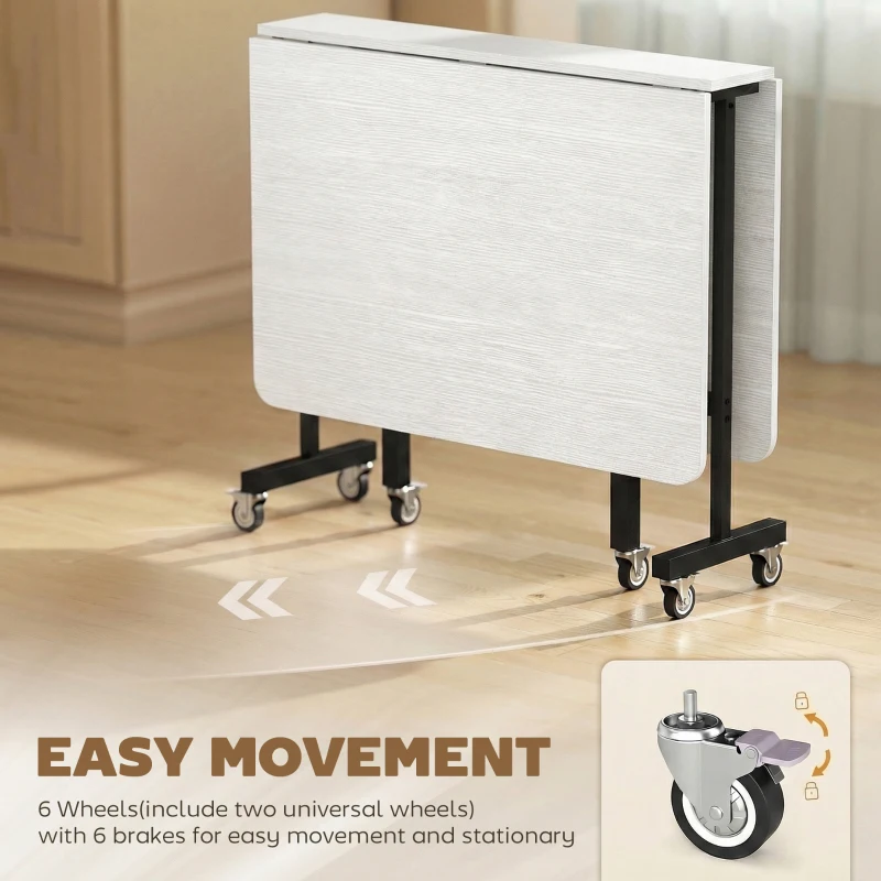 HOMCOM Drop-Leaf Table for Small Spaces, Extendable Kitchen Table with 6 Smooth Wheels & Brakes, Space-Saving Design, White