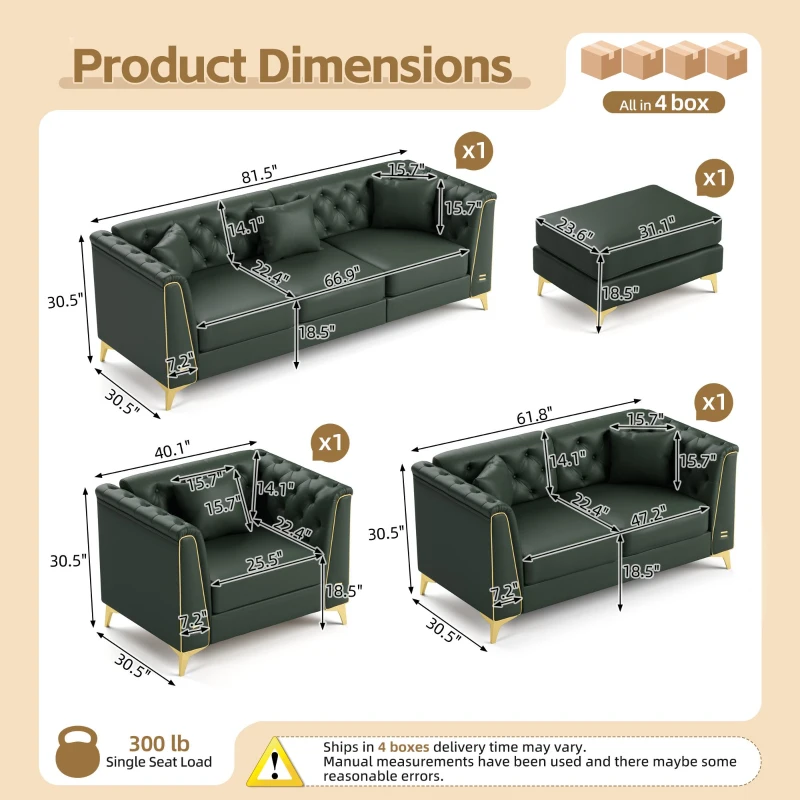 Elegant Modular Chesterfield Sofa Set with Button Tufting, Chic Faux Leather Couch with 6 Pillows, 81.5'' L x 30.5" W x 30.5" H, Green