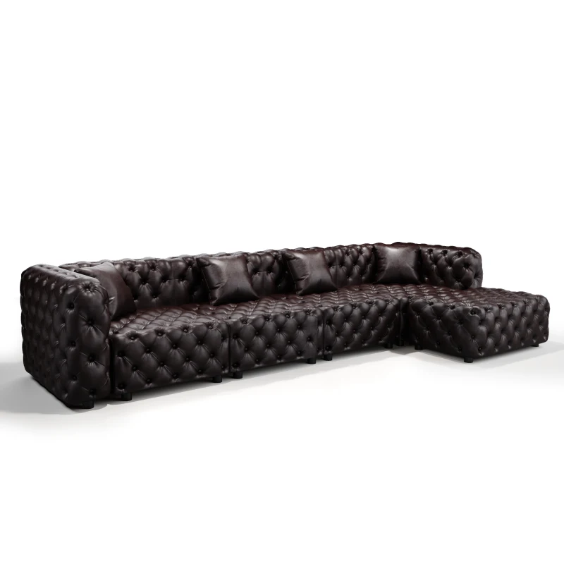 Sleek Faux Leather Sectional Sofa with Button Tufting, Inviting Modular 4-Seater Couch for Living Room, 134.5'' L x 36.5"W x 29" H, Dark Brown