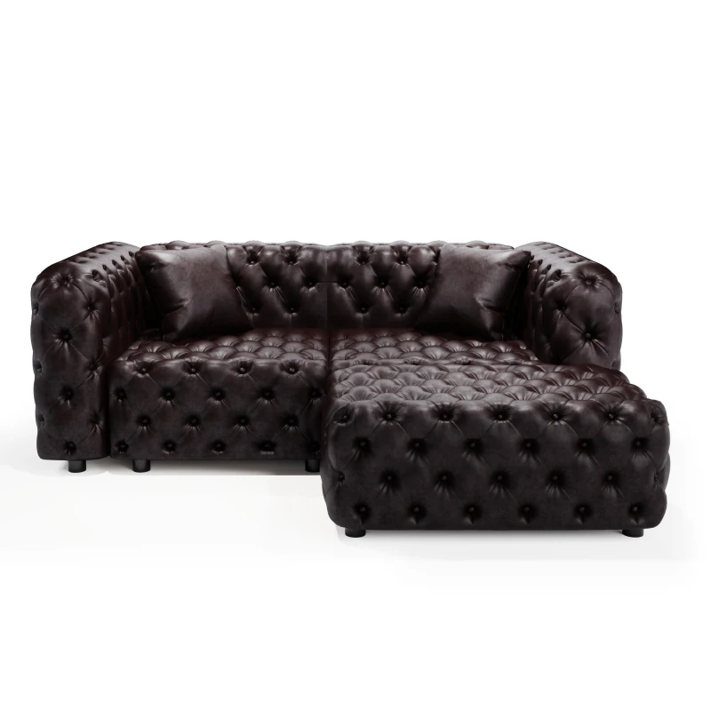 Modern Faux Leather Modular Sofa with Button Tufting and Ottoman, Elegant Sectional Couch for Living Room, 77'' L x 36.5" W x 29" H, Dark Brown
