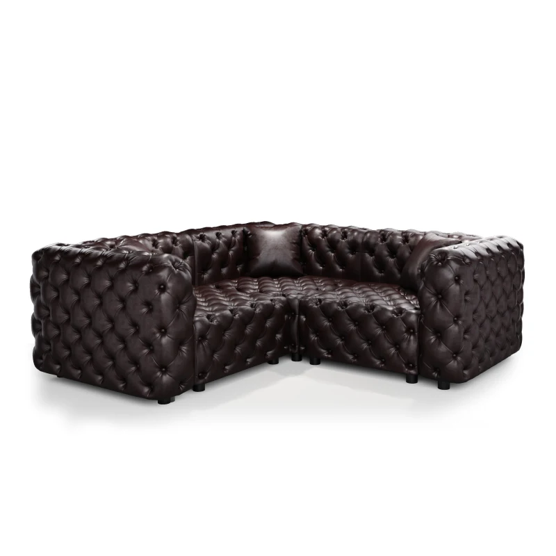 Modern Faux Leather Modular Sofa with Button Tufting and 3 Pillows, Elegant Sectional Couch for Living Room, 75'' L x 75" W x 29" H, Dark Brown