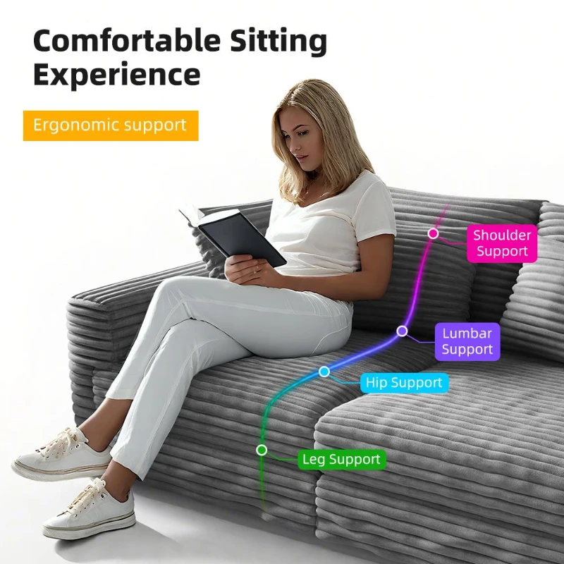 Soft Corduroy Cloud 4-Seat Sofa with Movable Ottoman, Practical Convertible Lounge Chair for Living Room, 102.5'' L x 35.5"W x 25.5" H, Grey