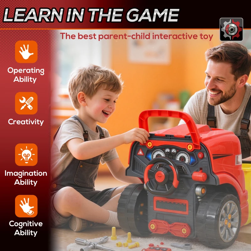 Qaba Mechanic Kids Truck Engine Toy Set, Car Service Play Set, Red