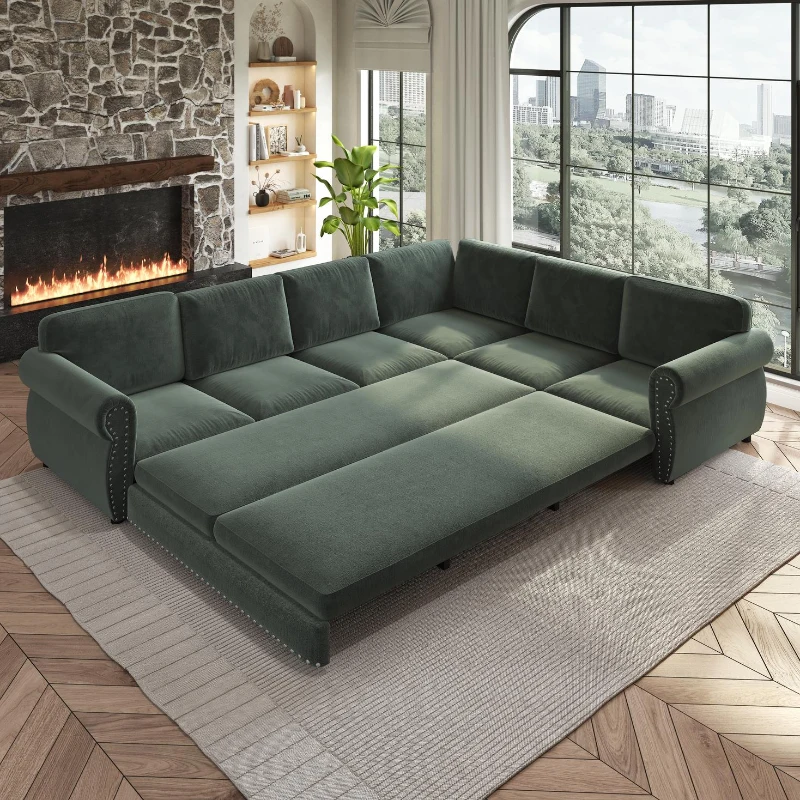 Chic L-Shaped Sectional with Pull-Out Bed and Nailhead Trim, Versatile Chenille Sleeper Sofa for Living Room, 118'' L x 86.5" W x 36.5" H, Green