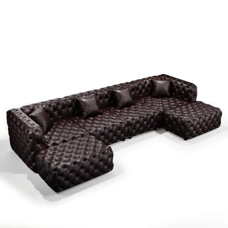 Refined Faux Leather Sectional Sofa with Button Tufting, Cozy Modular 4-Seater Couch for Living Room, 134.5'' L x 36.5"W x 29" H, Dark Brown