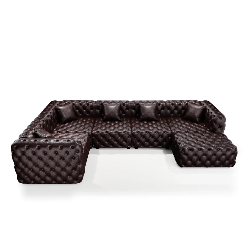 Distinctive Faux Leather L-Shaped Sofa with Button Tufting, Plush Modular 5-Seater Couch for Living Room, 132.5'' L x 75"W x 29" H, Dark Brown