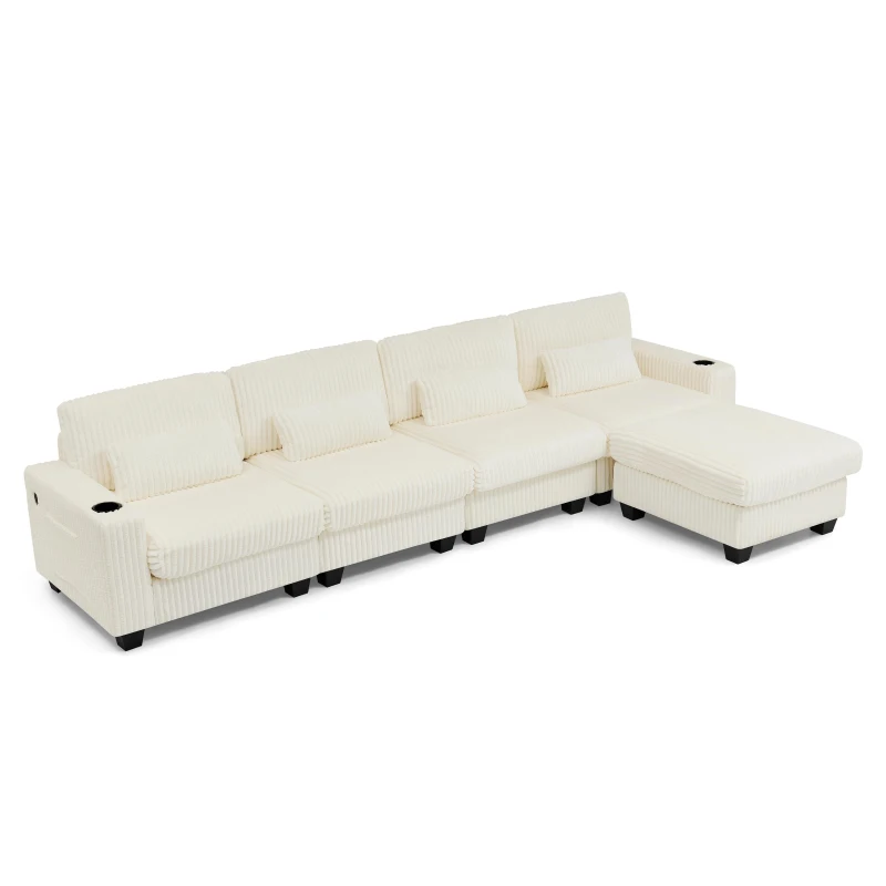 Cozy L-Shaped Sectional with Detachable Ottoman, Versatile Modular Sofa with Storage Pockets and Cup Holders, 124.5'' L x 31.5" W x 30" H, Beige