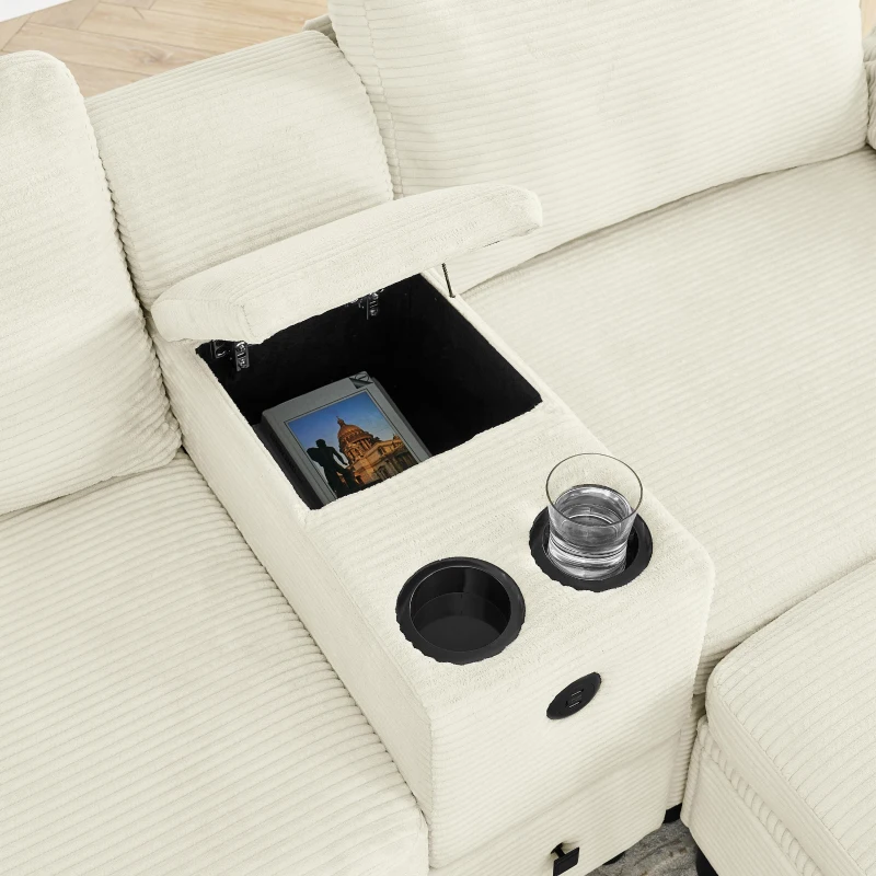 Modern Modular Sectional with All-in-One Storage, Chic L-Shaped Sofa with Cup Holder and Liftable Ottoman, 108.5'' L x 56.5" W x 32" H, Beige