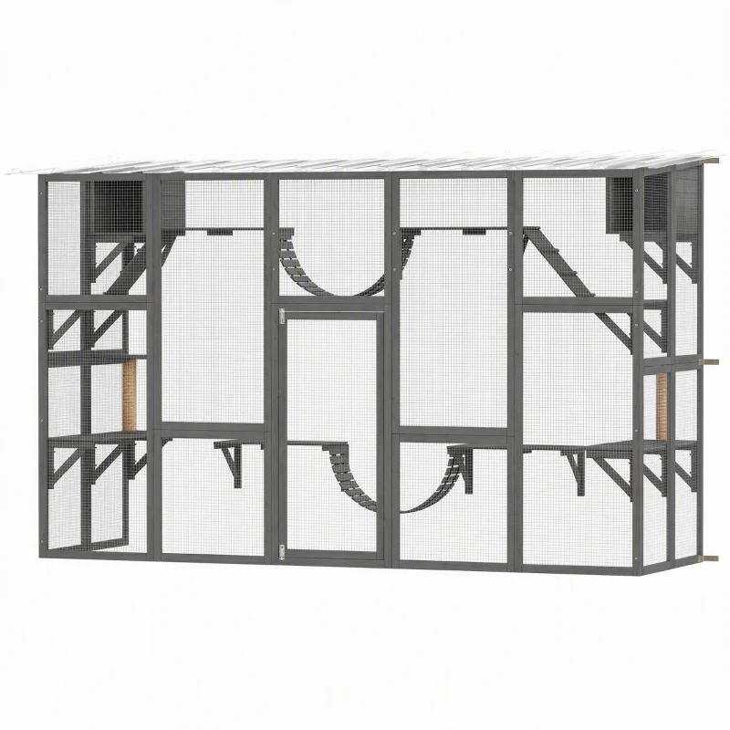 PawHut Catio Outdoor Cat Enclosure, 74"H Walk-in Catio with Waterproof Roof, 2 Condos, 6 Platforms, Ladders, Scratching Posts
