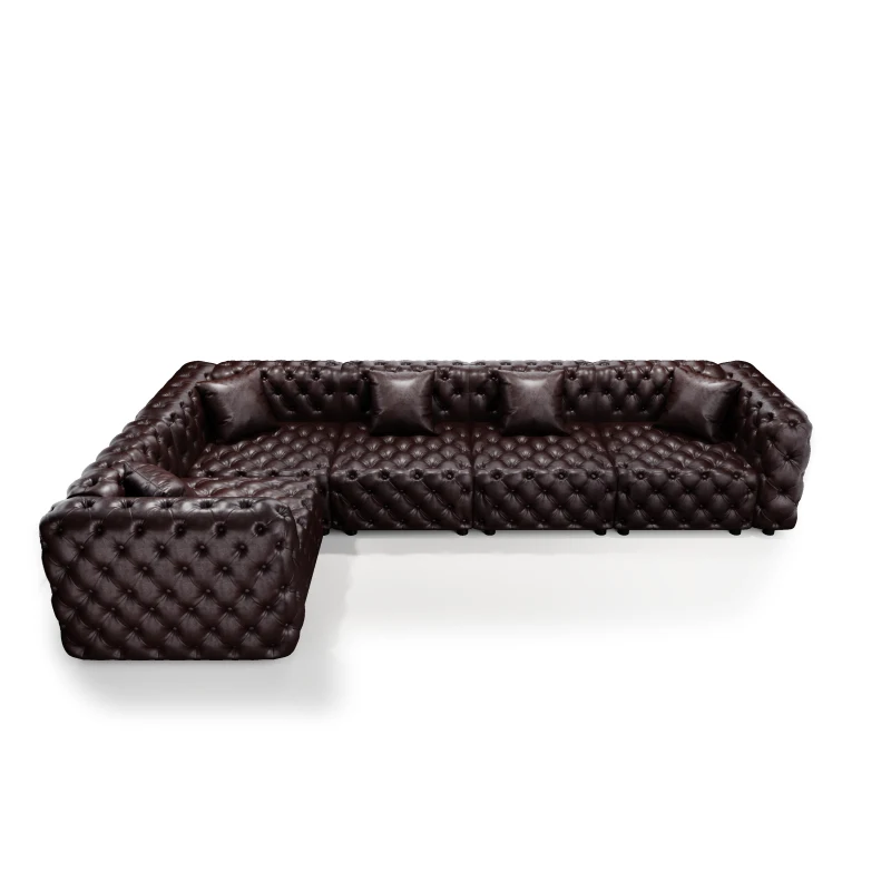 Stately Faux Leather L-Shaped Sofa with Button Tufting, Generous Modular 5-Seater Couch for Living Room, 132.5'' L x 75"W x 29" H, Dark Brown
