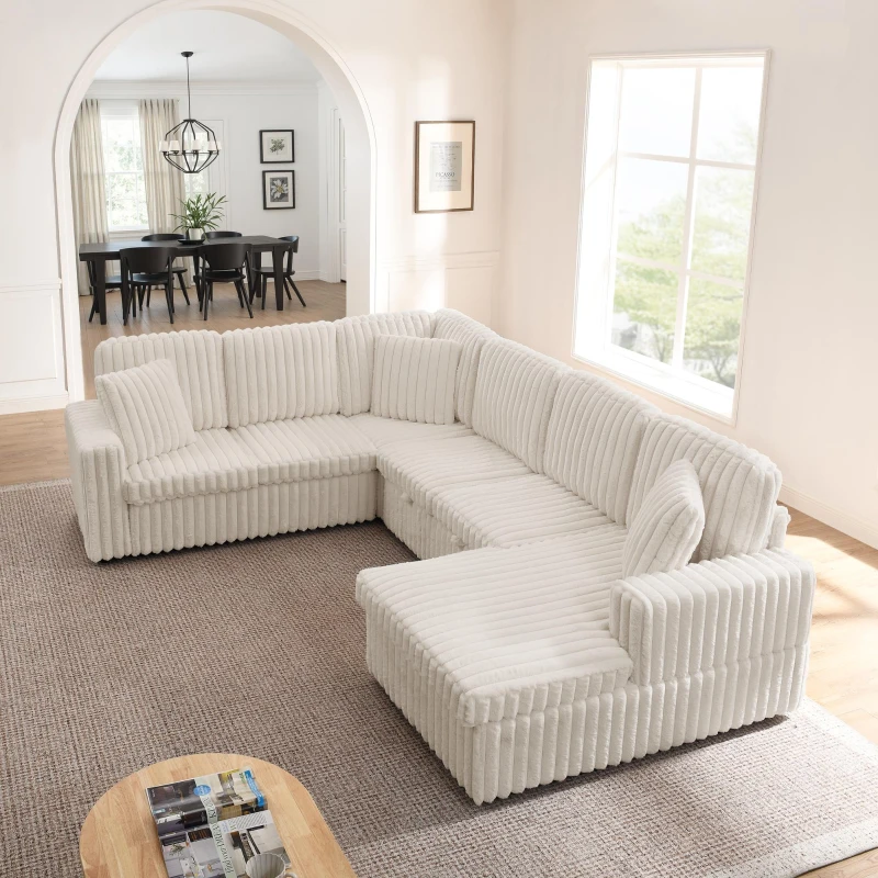 Cozy Striped Corduroy U-Shaped Sofa with Pull-Out Bed, Versatile Storage Chaise Couch for Living Room Bedroom, 114'' L x 90"W x 37" H, Beige