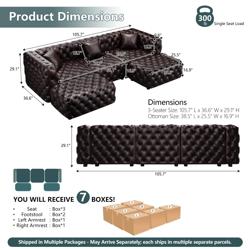 Classic Faux Leather Sectional Sofa with Button Tufting, Flexible Modular 3-Seater Couch for Living Room, 105.5'' L x 36.5"W x 29" H, Dark Brown