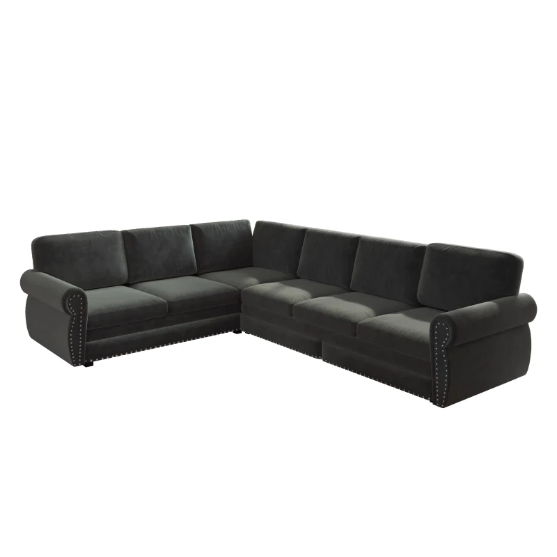 Modern L-Shaped Sectional with Pull-Out Bed, Chic Sleeper Couch with Nailhead Trim and Rolled Arms, 118'' L x 86.5" W x 36.5" H, Dark Grey