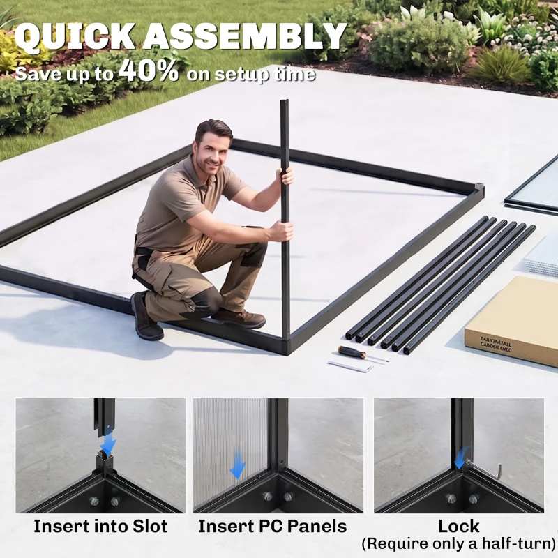 Outsunny 6 x 5.5ft Polycarbonate Greenhouse, Quick Setup Walk-in Greenhouse, Swing Door, Adjustable Roof Vent, Rain Gutter, Black
