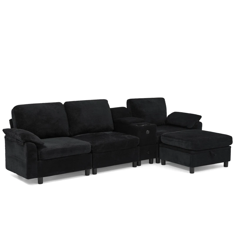 Modern Modular Sectional with All-in-One Storage, Chic L-Shaped Sofa with Cup Holder and Liftable Ottoman, 108.5'' L x 56.5" W x 32" H, Black