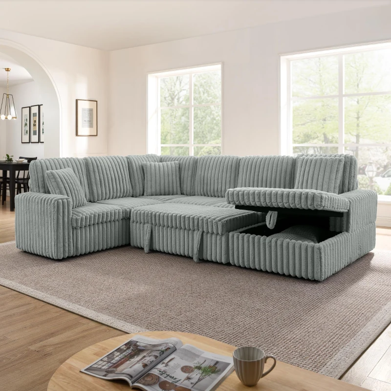 Modern Striped Corduroy U-Shaped Sofa with Pull-Out Bed, Versatile Storage Chaise Couch for Living Room Bedroom, 114'' L x 90"W x 37" H, Grey