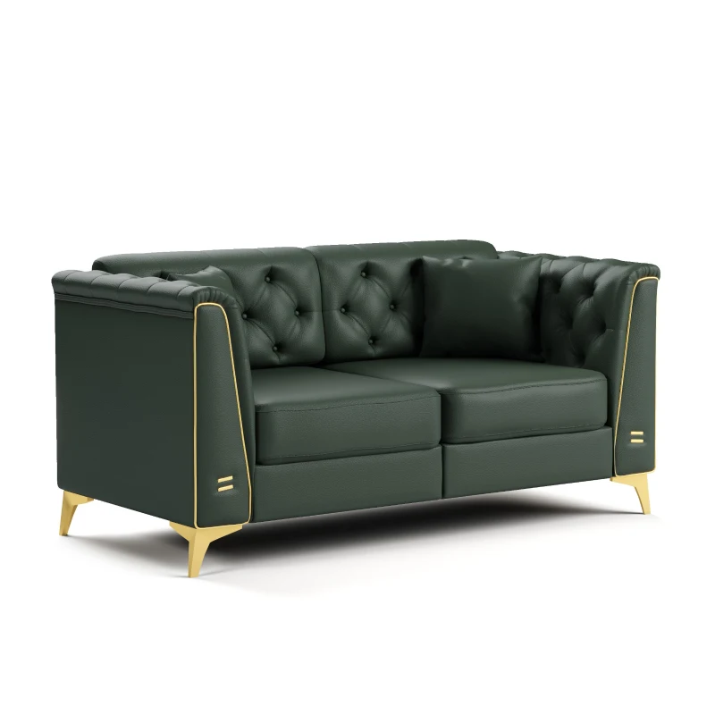 Elegant Chesterfield Sofa with Button Tufting, Chic Faux Leather Couch with Tapered Legs and 2 Pillows, 61.5'' L x 30.5" W x 30.5" H, Green