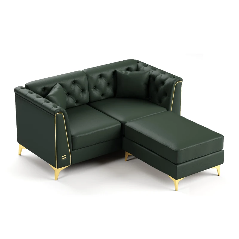 Elegant Chesterfield Sofa with Button Tufting and Metal Trim, Chic Faux Leather Ottoman with 2 Pillows, 61.5'' L x 30.5" W x 30.5" H, Green