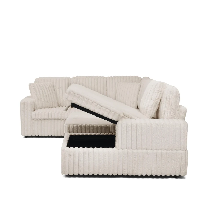 Cozy Striped Corduroy U-Shaped Sofa with Pull-Out Bed, Versatile Storage Chaise Couch for Living Room Bedroom, 114'' L x 90"W x 37" H, Beige