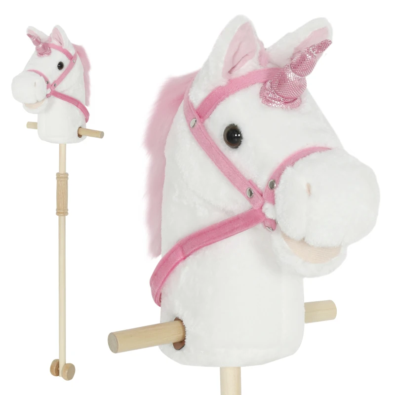 Qaba Stick Horse, Plush Handcrafted Hobby Horse with Wood Wheels, Real Pony Neighing and Galloping Sounds for Kids, White