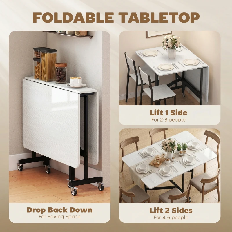 HOMCOM Drop-Leaf Table for Small Spaces, Extendable Kitchen Table with 6 Smooth Wheels & Brakes, Space-Saving Design, White