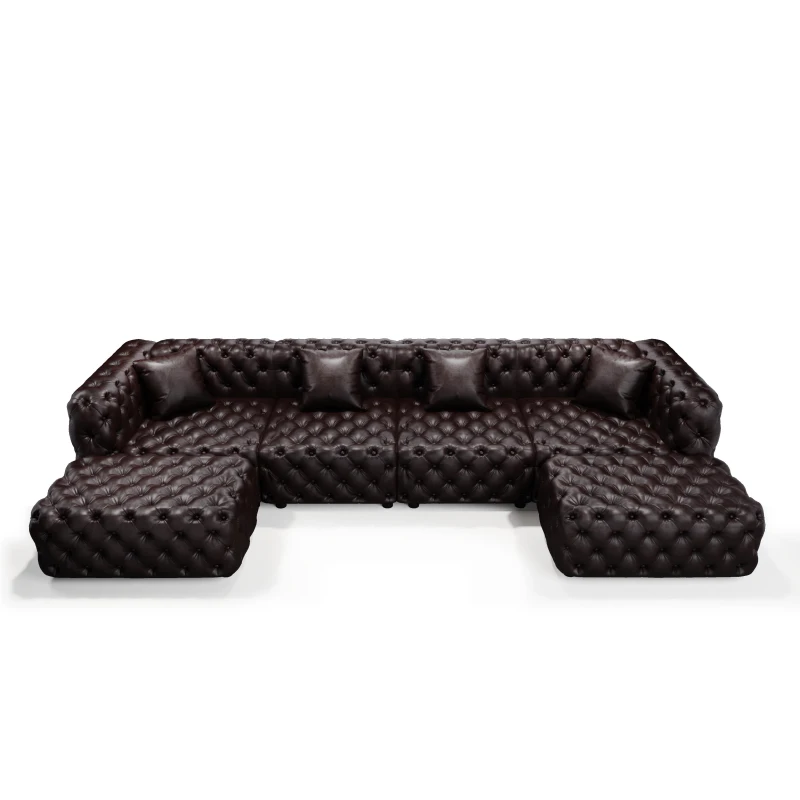 Refined Faux Leather Sectional Sofa with Button Tufting, Cozy Modular 4-Seater Couch for Living Room, 134.5'' L x 36.5"W x 29" H, Dark Brown