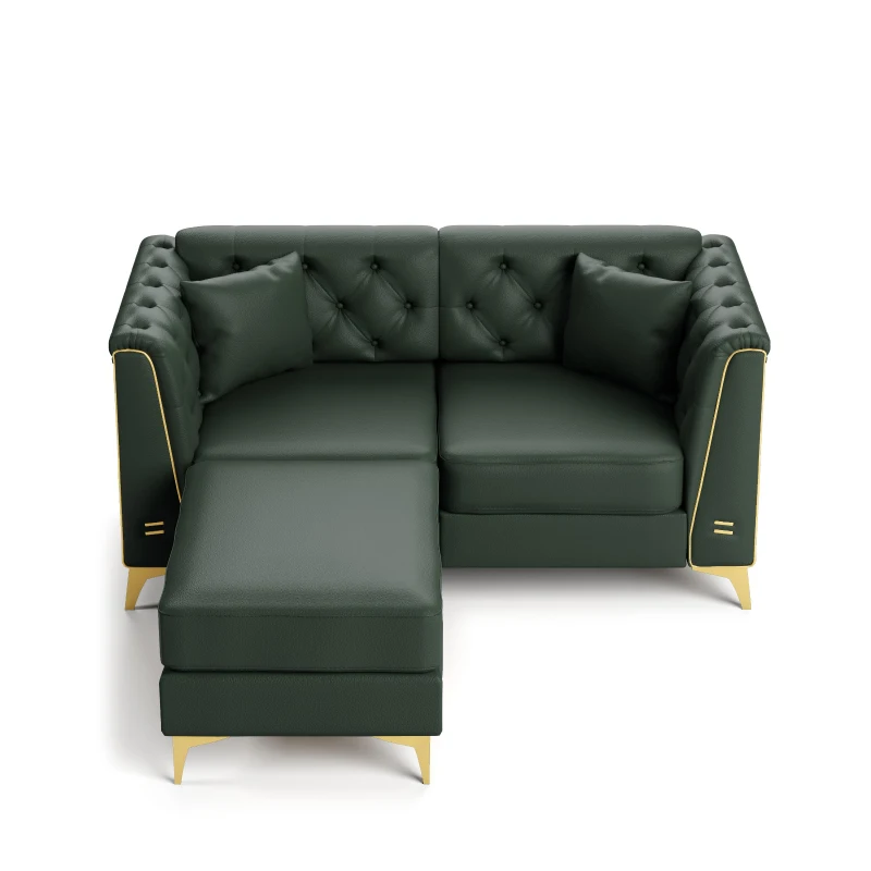 Elegant Chesterfield Sofa with Button Tufting and Metal Trim, Chic Faux Leather Ottoman with 2 Pillows, 61.5'' L x 30.5" W x 30.5" H, Green