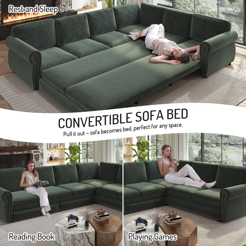 Chic L-Shaped Sectional with Pull-Out Bed and Nailhead Trim, Versatile Chenille Sleeper Sofa for Living Room, 118'' L x 86.5" W x 36.5" H, Green