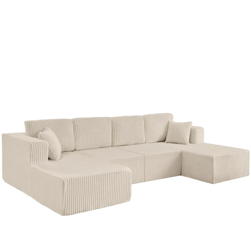 U-Shaped Modular Sectional with Plush Foam and Springs, Cozy Corduroy Sleeper Couch with No Assembly, 161'' L x 80.5" W x 24.5" H, Beige